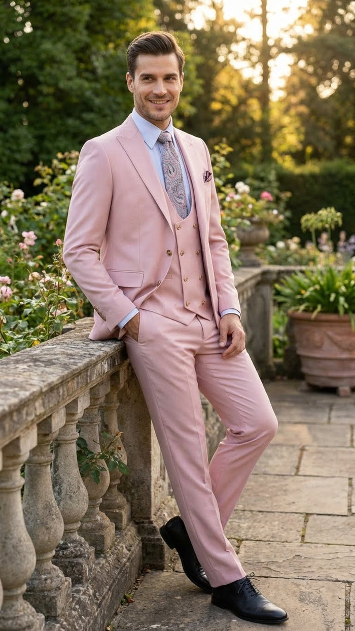 Men’s Blush Pink and Gold Three-Piece Suit – Tailored Fit Formal Wedding, Vested Suit By Rossiman Modern Fit
