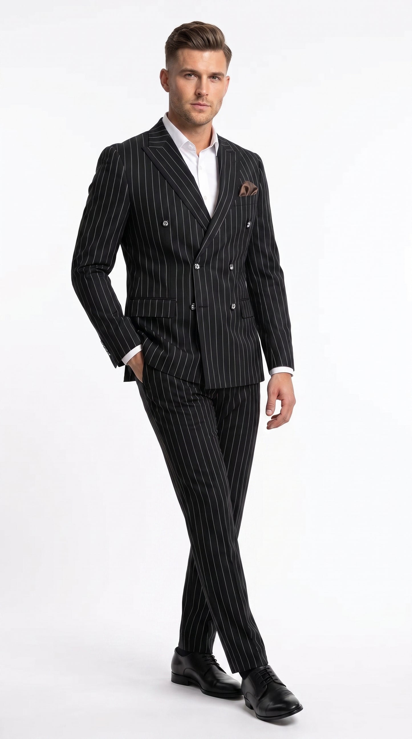 Men's Black Pinstripe Tuxedo Suit – Classic  & 1920s Gangster Formal Wear Vintage 1940s 1930s Look