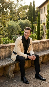 Men’s Ivory Dinner Jacket - Cream Velvet Blazer with Black Satin Lapel | Wedding and Party Formal Sport Coat in off white