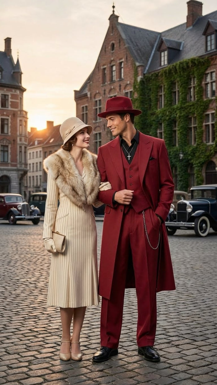 Men’s 1920s Burgundy Zoot Suit – Long Mafia Gangster Three-Piece Vintage Outfit Zuit Pachuco Style