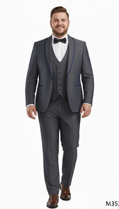 Men’s Charcoal Gray with blue Trim Slim Fit 3-Piece Suit – Modern Wedding and Business Formal Tuxedo Set