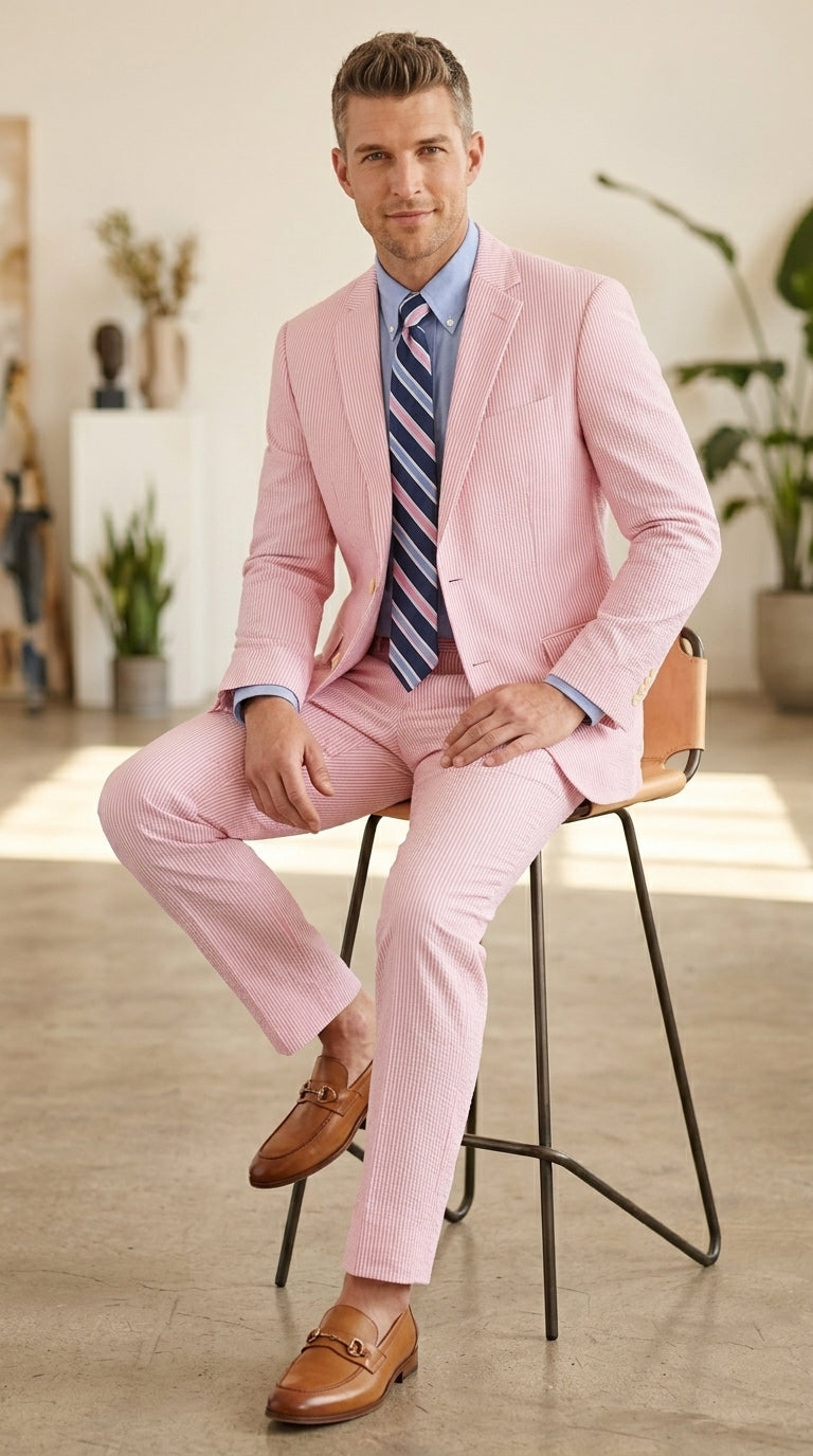 Men’s Pink Seersucker 2 Piece Suit, Lightweight Summer Dress Suit for Weddings, Prom, Parties, and Special Occasions Modern Fit