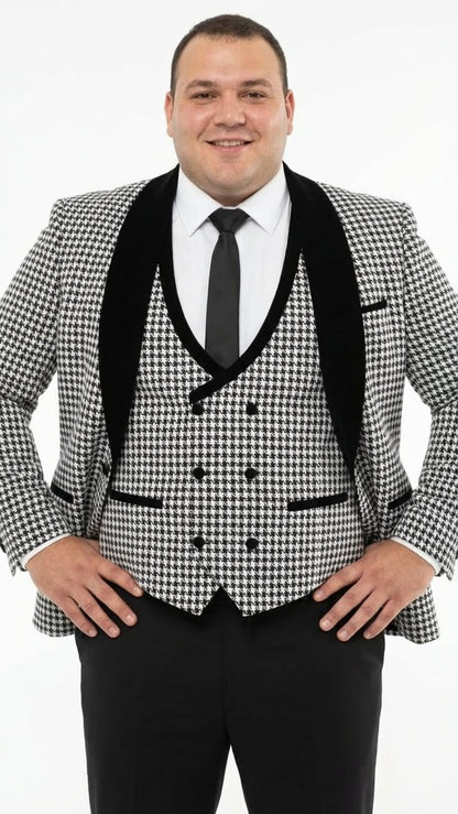Men’s Black and White Houndstooth Tuxedo Set with Velvet Shawl Lapel | 3-Piece Formal Suit with Black Double-Breasted Vest