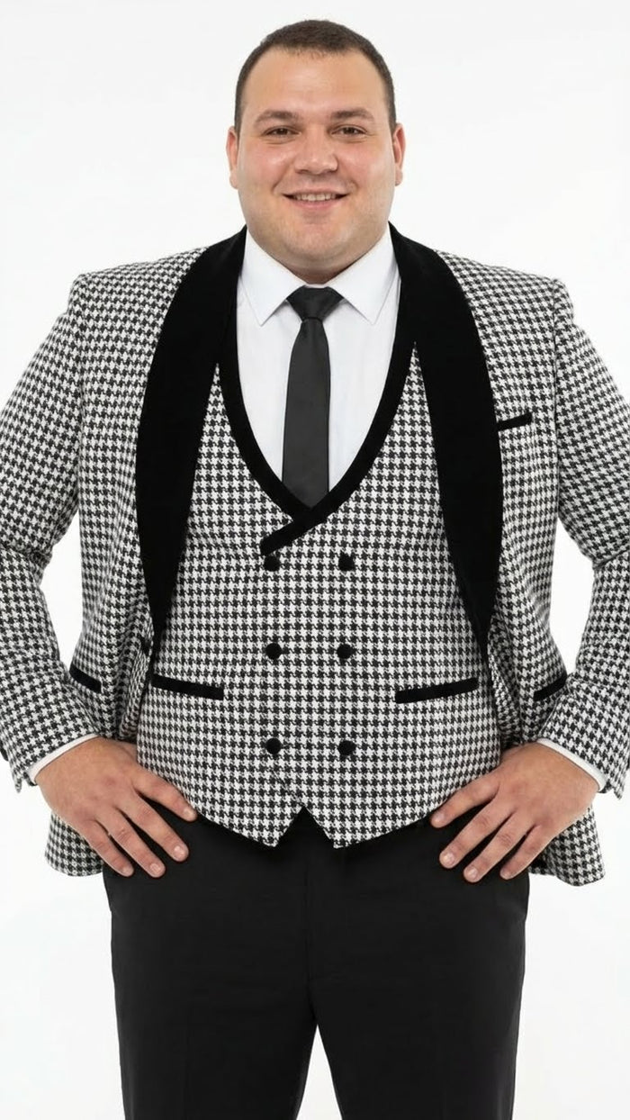 Men’s Black and White Houndstooth Tuxedo Set with Velvet Shawl Lapel | 3-Piece Formal Suit with Black Double-Breasted Vest