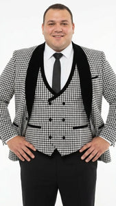 Men’s Black and White Houndstooth Tuxedo Set with Velvet Shawl Lapel | 3-Piece Formal Suit with Double-Breasted Vest