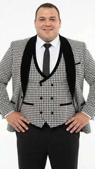 Men’s Black and White Houndstooth Tuxedo Set with Velvet Shawl Lapel | 3-Piece Formal Suit with Double-Breasted Vest