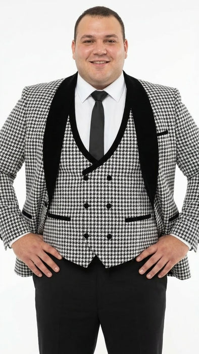 Men’s Black and White Houndstooth Tuxedo Set with Velvet Shawl Lapel | 3-Piece Formal Suit with Double-Breasted Vest