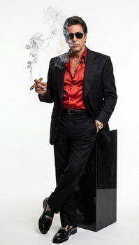 Tony Montana’s Black Blazer with Red Sateen Shirt – Men’s Black Formal Blazer and Red Satin Style Shirt Outfit for Party, Wedding and Vintage Wear