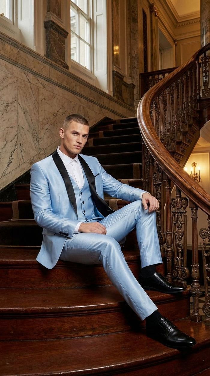 Men’s Light Blue Shiny 3 Piece Suit with Black Shawl Lapel | Formal Wedding Prom Suit - Sateen Sharskin Suit Modern Fit