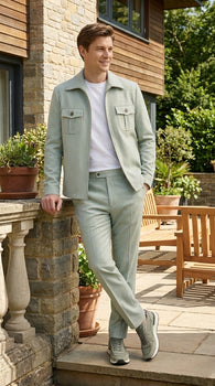 Mens Sage Green Walking Suit Set – Casual Safari Military Jacket and Pants Outfit for Travel