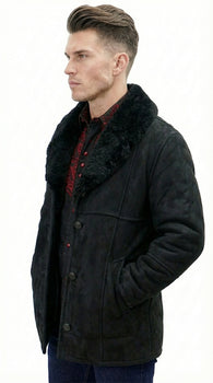 Men’s Black Sheepskin Leather Jacket Cowboy – Warm Faux Fur Collar Coat, Winter Long Jacket, Casual Western Style Outerwear