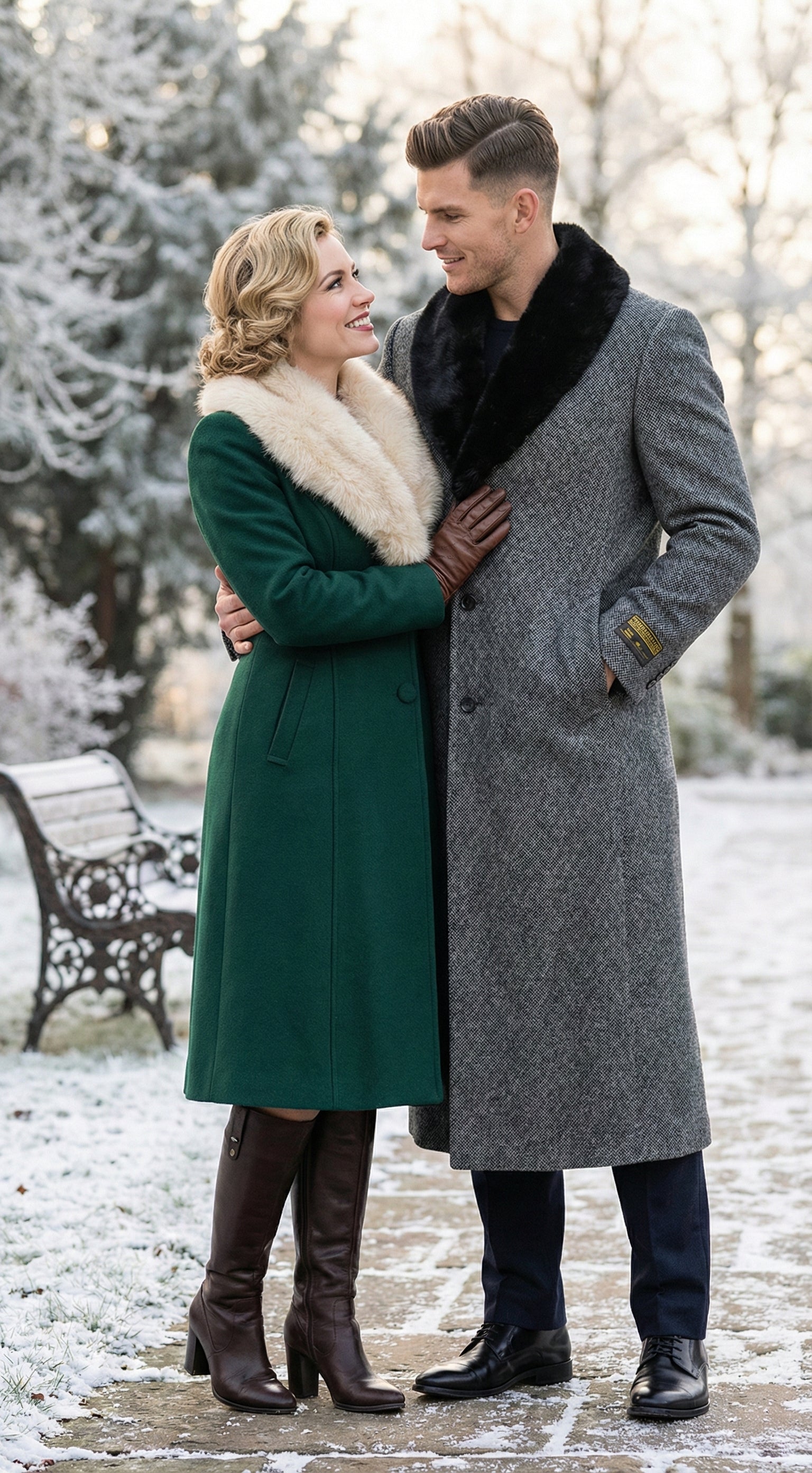 Men's Grey Herringbone Tweed Long Overcoat with Black Faux Fur Collar, Classic Winter Topcoat - Image 6