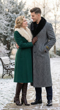 Men's Grey Herringbone Tweed Long Overcoat with Black Faux Fur Collar, Classic Winter Topcoat - Image 6