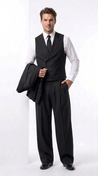 Tiglio Rosso Men’s Black Super 150’s Italian Wool 3-Piece Suit – Double-Breasted Jacket, Vest and Wide-Leg Pleated Pants