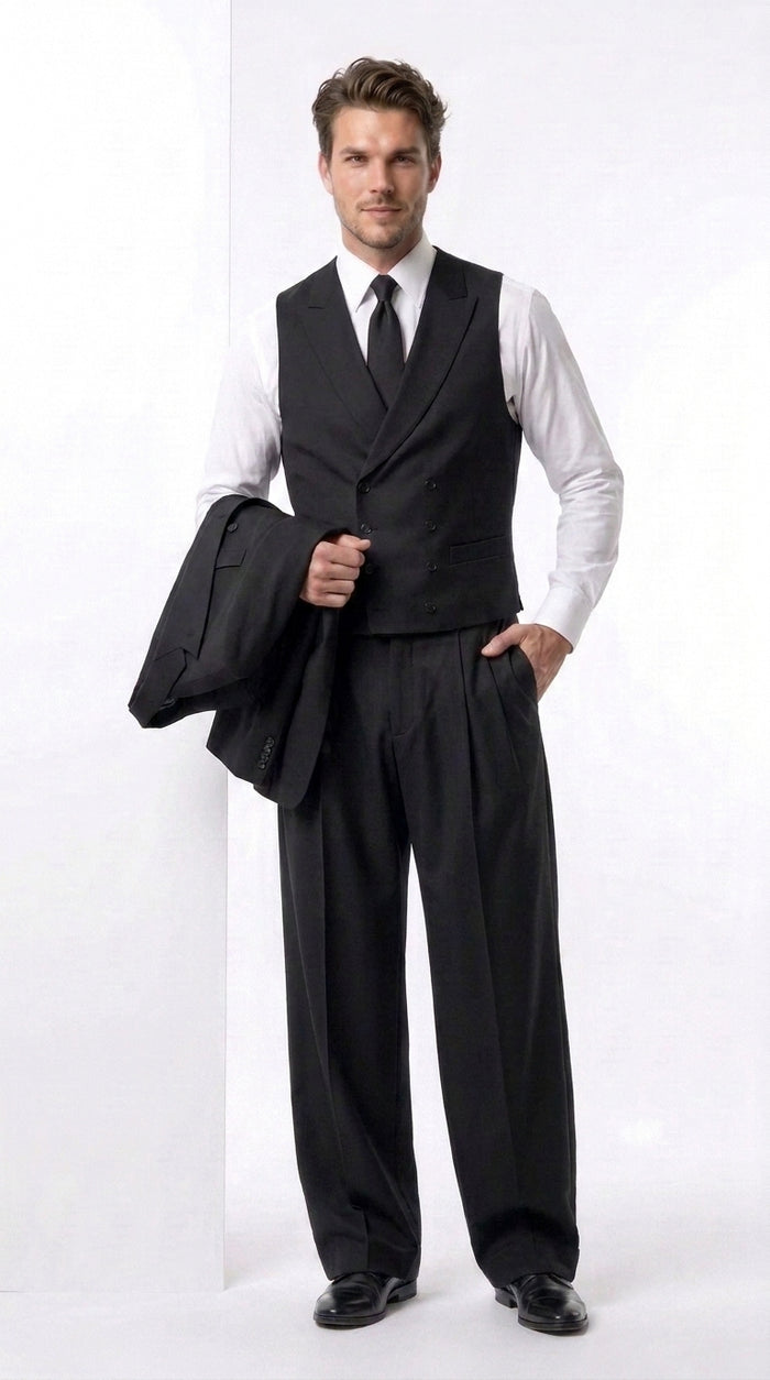 Tiglio Rosso Men’s Black Super 150’s Italian Wool 3-Piece Suit – Double-Breasted Jacket, Vest and Wide-Leg Pleated Pants