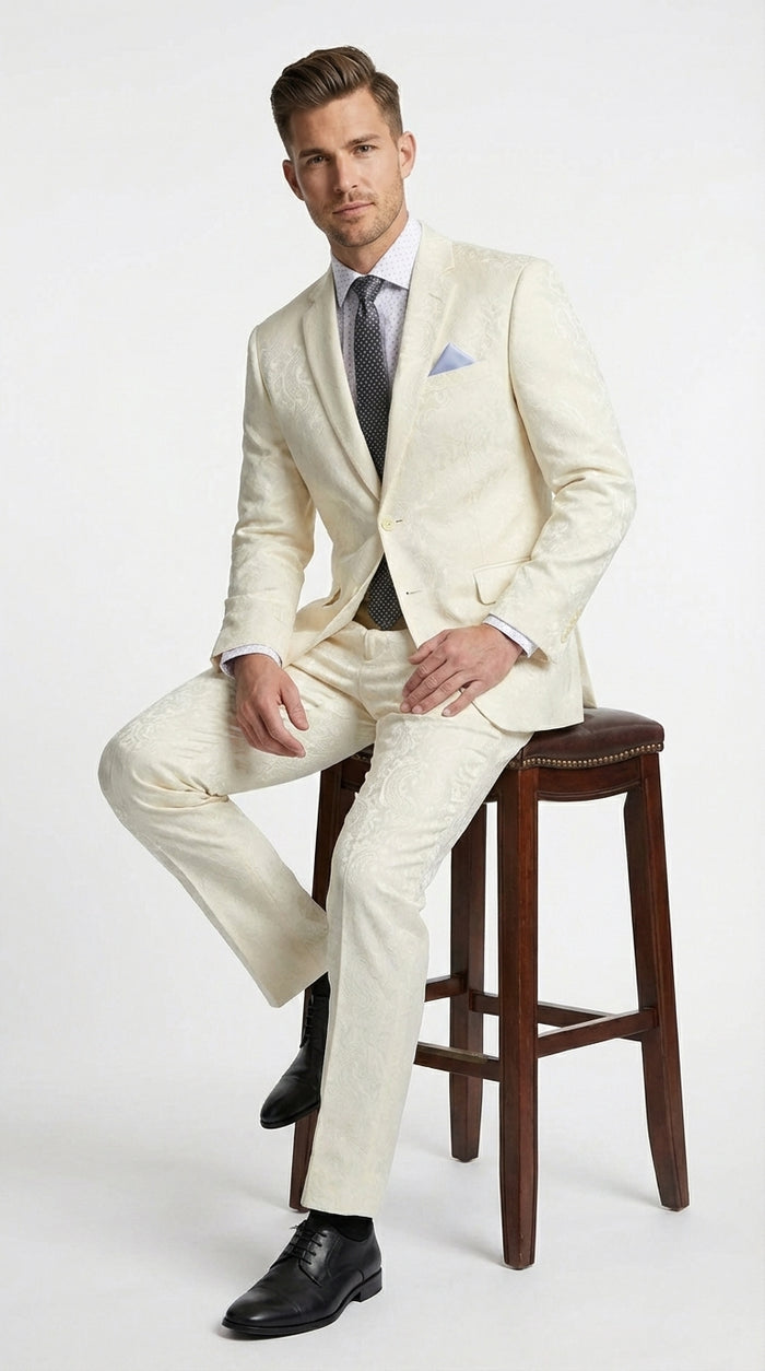 Men’s Ivory Paisley Shiny Suit – Flroal Formal Wedding and Prom Suit for Party, in Cream Off White Modern Fit