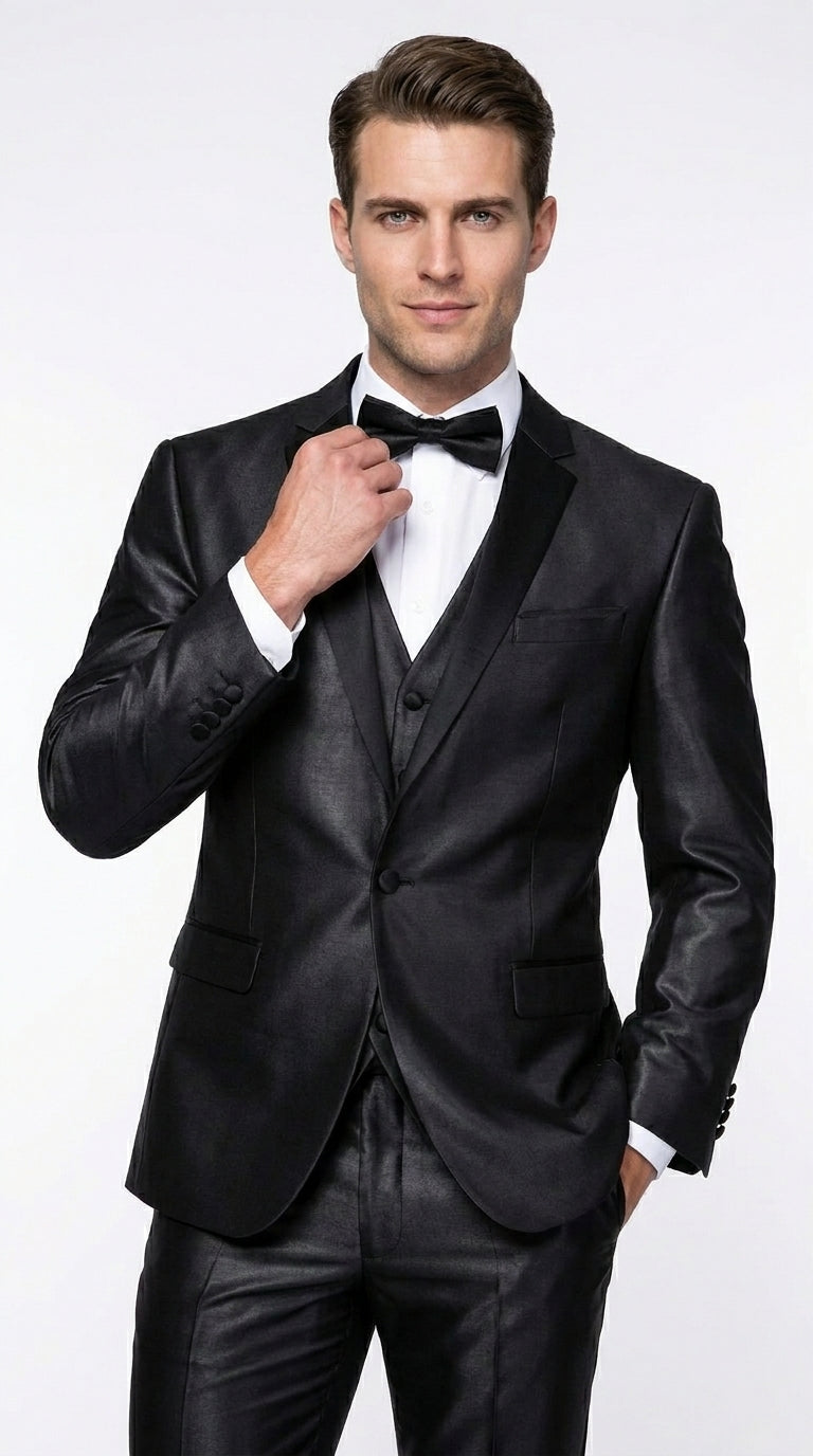 Men’s Black Two Tone Vested Wool Suit with 2 Button Jacket and Black Lapel, Italian Tuxedo Style