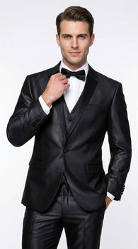 Men’s Black Two Tone Vested Wool Suit with 2 Button Jacket and Black Lapel, Italian Tuxedo Style