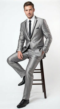 Men’s Silver Sharkskin Tuxedo Suit with Black Piping – Shiny Two Button Formal Suit for Wedding, Prom and Party Wear
