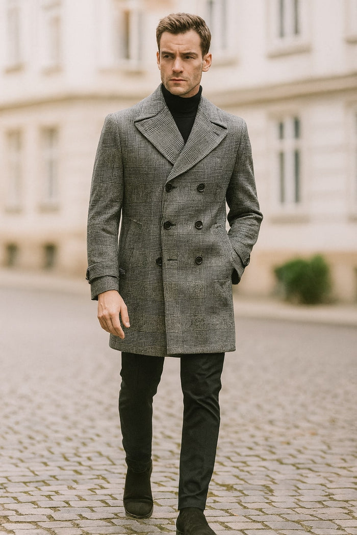 Mens Grey Plaid Double-Breasted Overcoat with Black Faux Fur Collar – Classic Winter Peacoat - Image 6