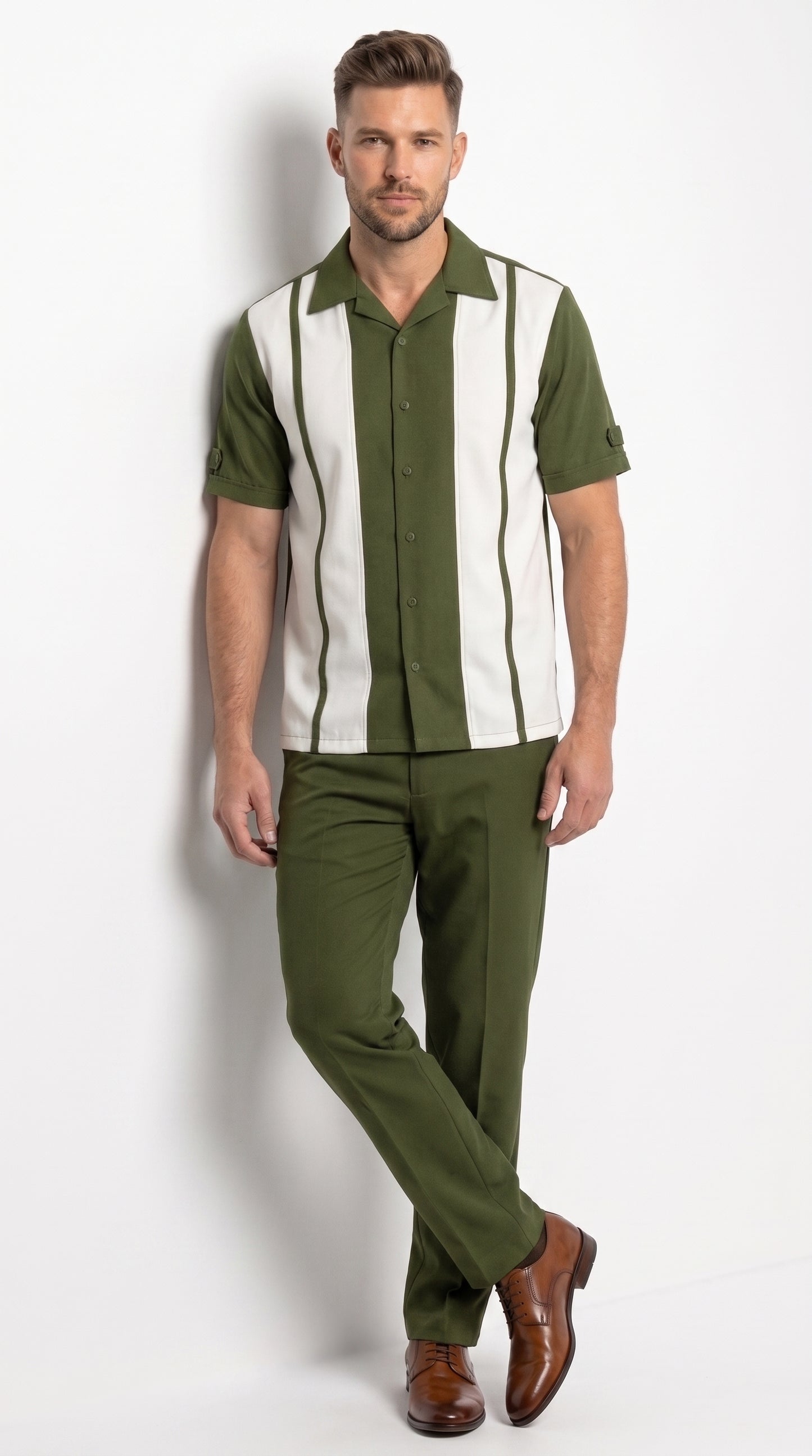 Men’s Olive Green and White Walking Suit – 2-Piece Short Sleeve Casual Leisure Outfit