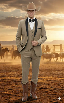 Men’s Western Cowboy Suit – 3-Piece Tan Tuxedo with Black Lapel, Vest, and Pants Beige  Color