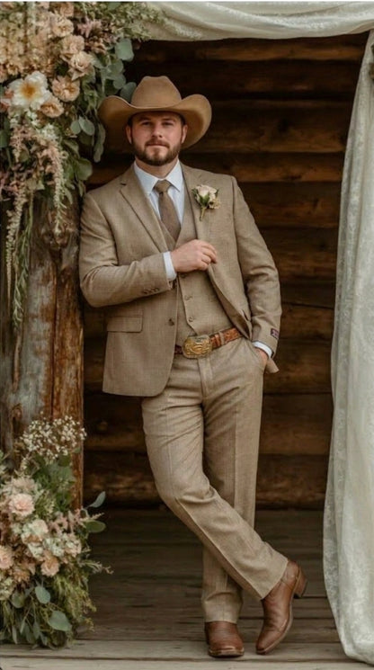 Mens Sharkskin Dark Taupe Tan with sheen Western 3 Piece Suit – Classic Country Style Blazer Vest Pants Set, Formal Cowboy Suit Outfit