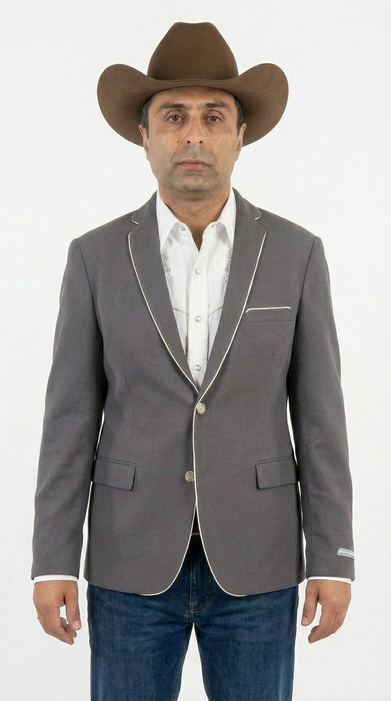 Mens Grey and White Trim Western Blazer – Classic Fit Cowboy Style Contrast Trim Dress Jacket