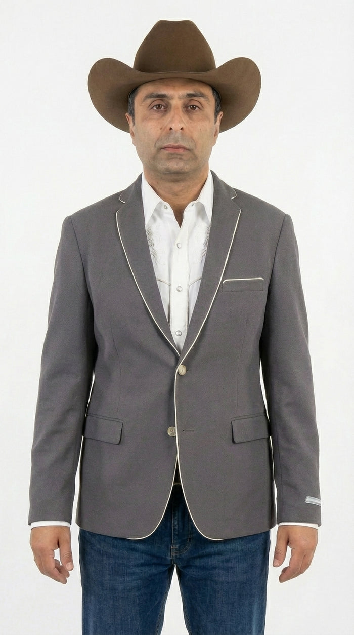 Mens Grey and White Trim Western Blazer – Classic Fit Cowboy Style Contrast Trim Dress Jacket