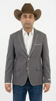 Mens Grey and White Trim Western Blazer – Classic Fit Cowboy Style Contrast Trim Dress Jacket