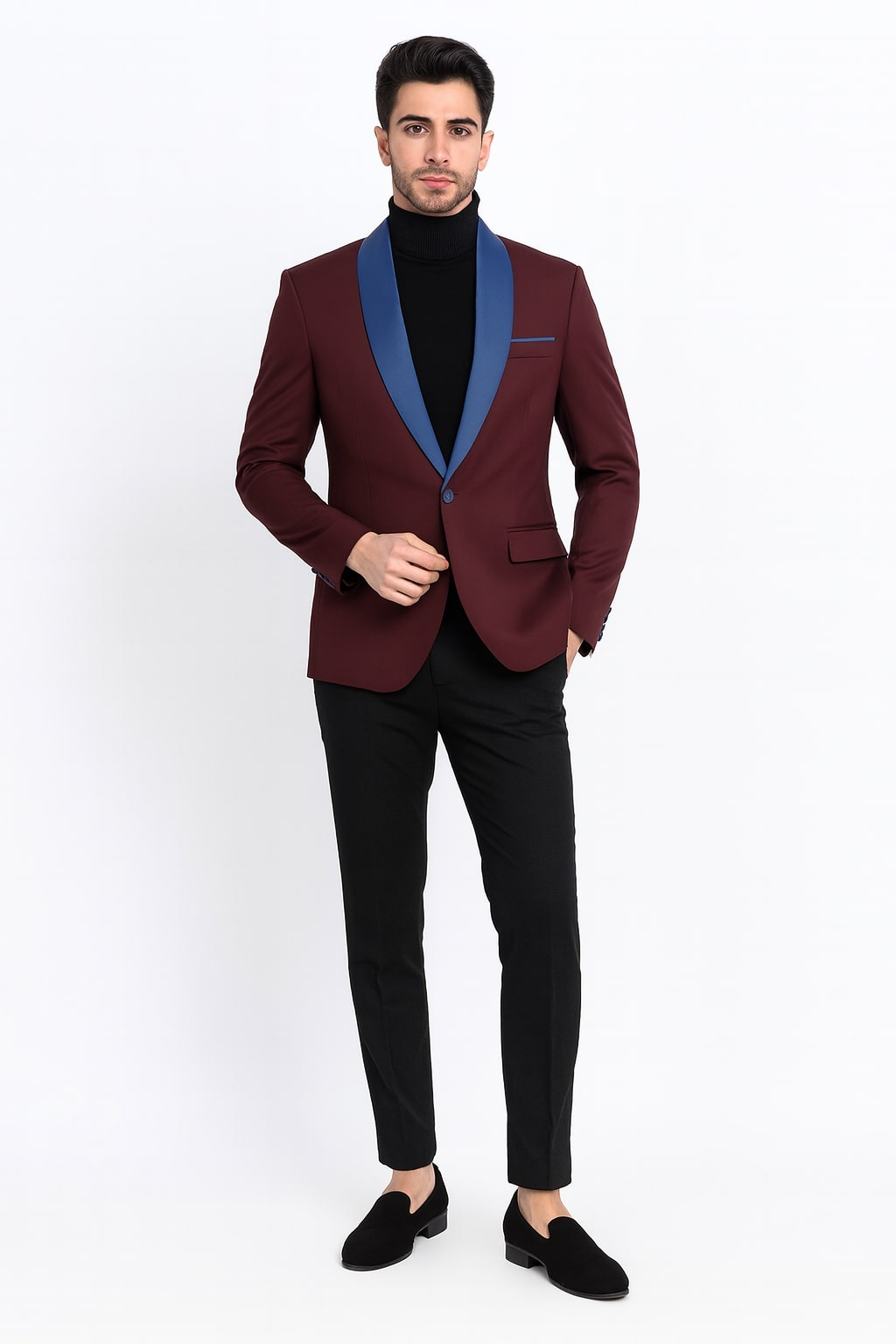 Mens Burgundy Tuxedo Dinner Jacket Blazer with Blue Satin Shawl Lapel  Wedding and Party Jacket - Image 6