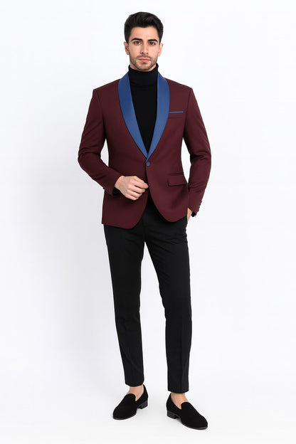 Mens Burgundy Tuxedo Dinner Jacket Blazer with Blue Satin Shawl Lapel  Wedding and Party Jacket - Image 6