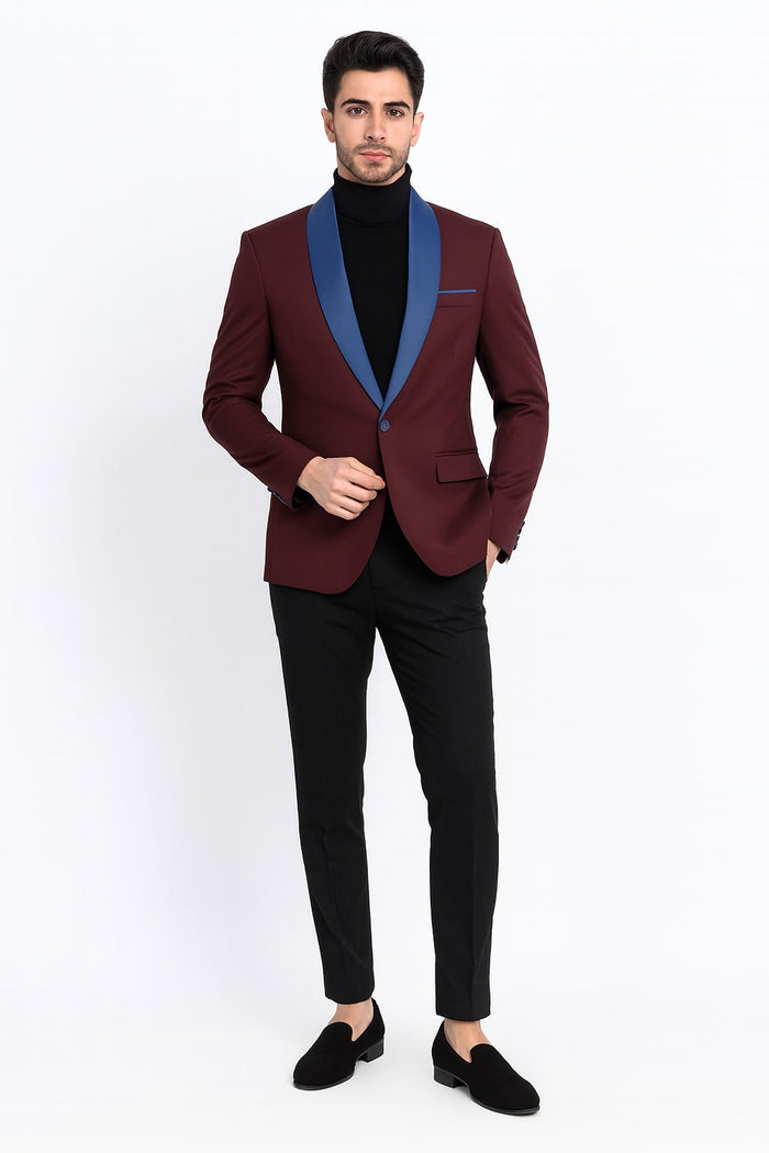 Mens Burgundy Tuxedo Dinner Jacket Blazer with Blue Satin Shawl Lapel  Wedding and Party Jacket - Image 6