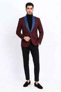 Mens Burgundy Tuxedo Dinner Jacket Blazer with Blue Satin Shawl Lapel  Wedding and Party Jacket