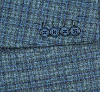 Half Canvas Slim Fit Blazer in Green Blue Check - Image 6