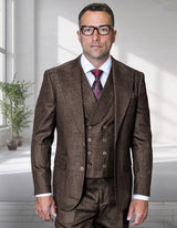 Mens Ticket Pocket Peak Lapel Double breasted Vest 100% Wool Tom Ford Style Modern Fit in Color "Brown" By Statement