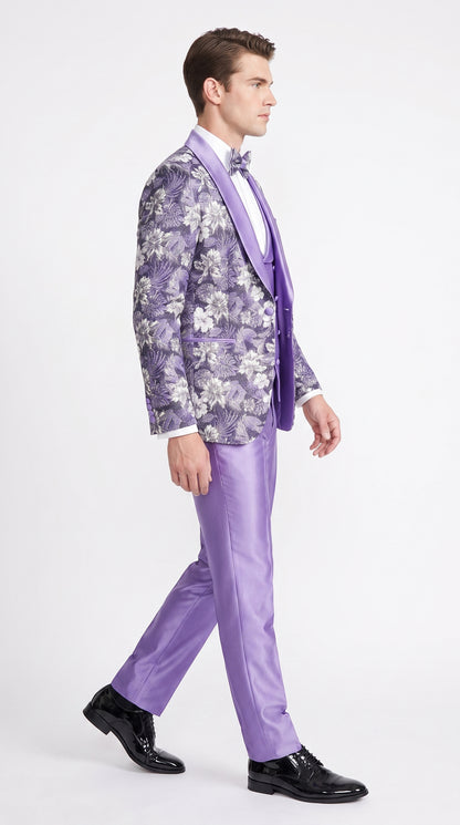 Men’s Lilac Lavender Prom Suit – Floral Shawl Lapel 3 Piece Tuxedo with Matching Vest and Pants