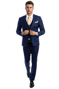 Graduation Suit - Men's Two Button Slim Fit Vested Solid Basic Color Suit in Indigo Blue