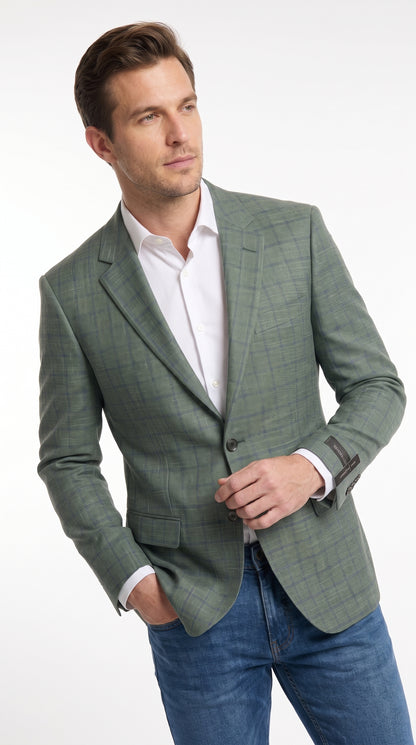 Men’s Sage Green Windowpane 2-Piece Suit – Modern Fit Plaid Wedding, Business and Formal Suit