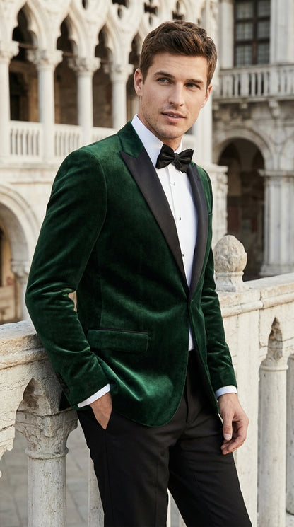 Men’s Olive Green Velvet Tuxedo Dinner Jacket – Black Satin Peak Lapel Formal Prom Wedding Blazer