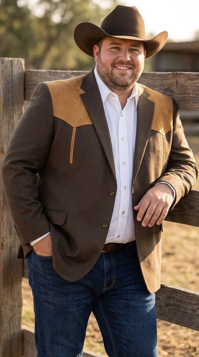 Men’s Chocolate Brown Western Blazer – Cowboy Sport Coat with Tan Suede Yoke for Rodeo & Country Wear