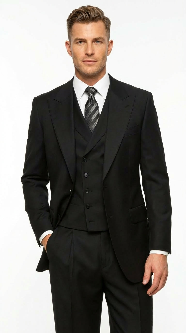 Tiglio Mens Black 3 Piece Suit – Single Button Classic Fit Pleated Wide Leg Pants Formal Business Chruch Suit - 100% Wool