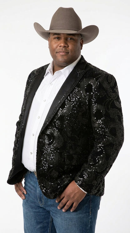 Men’s Black Sequin Western Blazer – Embroidered Cowboy Tuxedo Jacket with Rhinestone Lapels