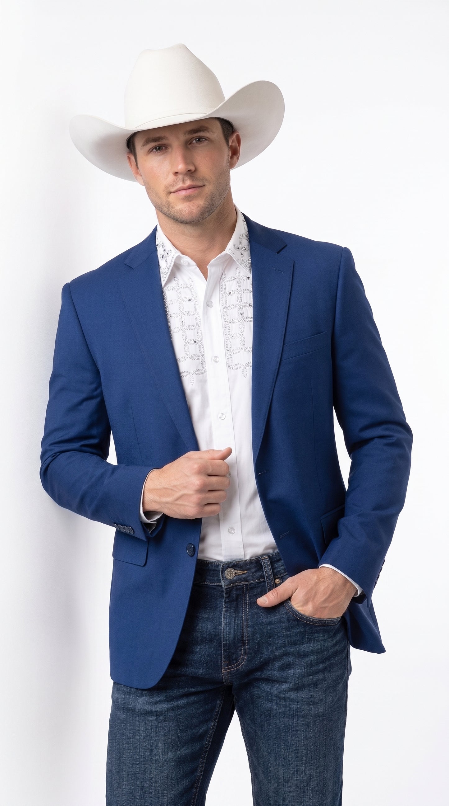 Men’s Dark Royal Blue Western Blazer – Cowboy Sport Coat Jacket with Two-Button Front Saphire Indigo Cobalt Blue