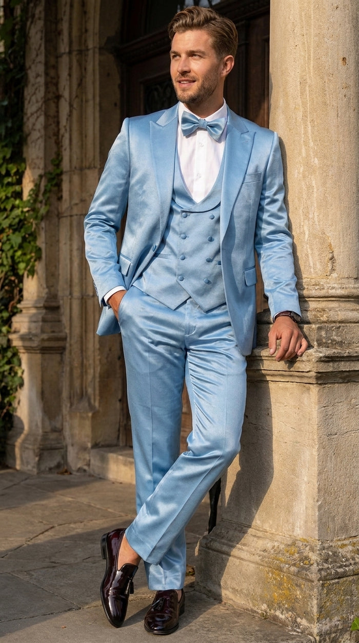Men’s Powder Blue Satin Tuxedo – Light Blue Wedding & Prom Tuxedo Suit