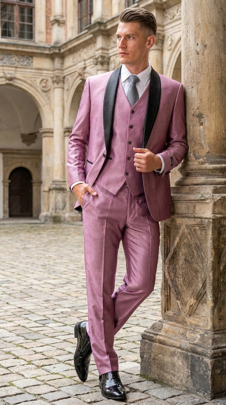 Men’s Shiny Mauve Pink 3 Piece Tuxedo – Wedding & Prom Suit with Black Shawl Lapel