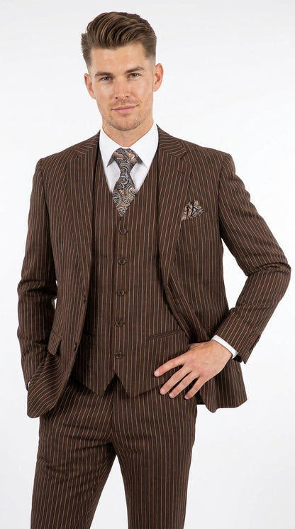 Men’s Brown Pinstripe Edwardian 3 Piece Suit – Vintage Victorian Wedding Suit with Vest