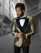 Mens Vested One Button Peak Lapel Shiny Floral Tuxedo in Gold