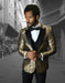 Mens Vested One Button Peak Lapel Shiny Floral Tuxedo in Gold