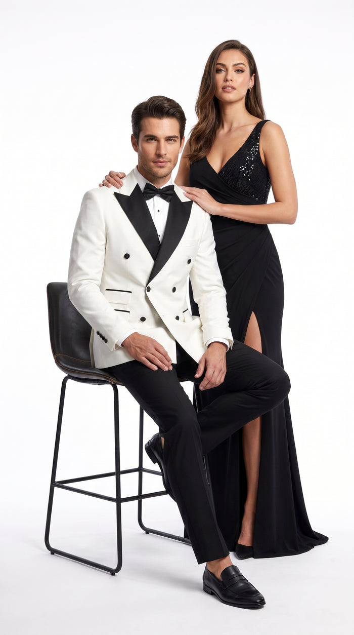 Men’s Vintage Hollywood WHITE/BLACK Double-Breasted Tuxedo – Black Peak Lapel Wedding and Formal Suit